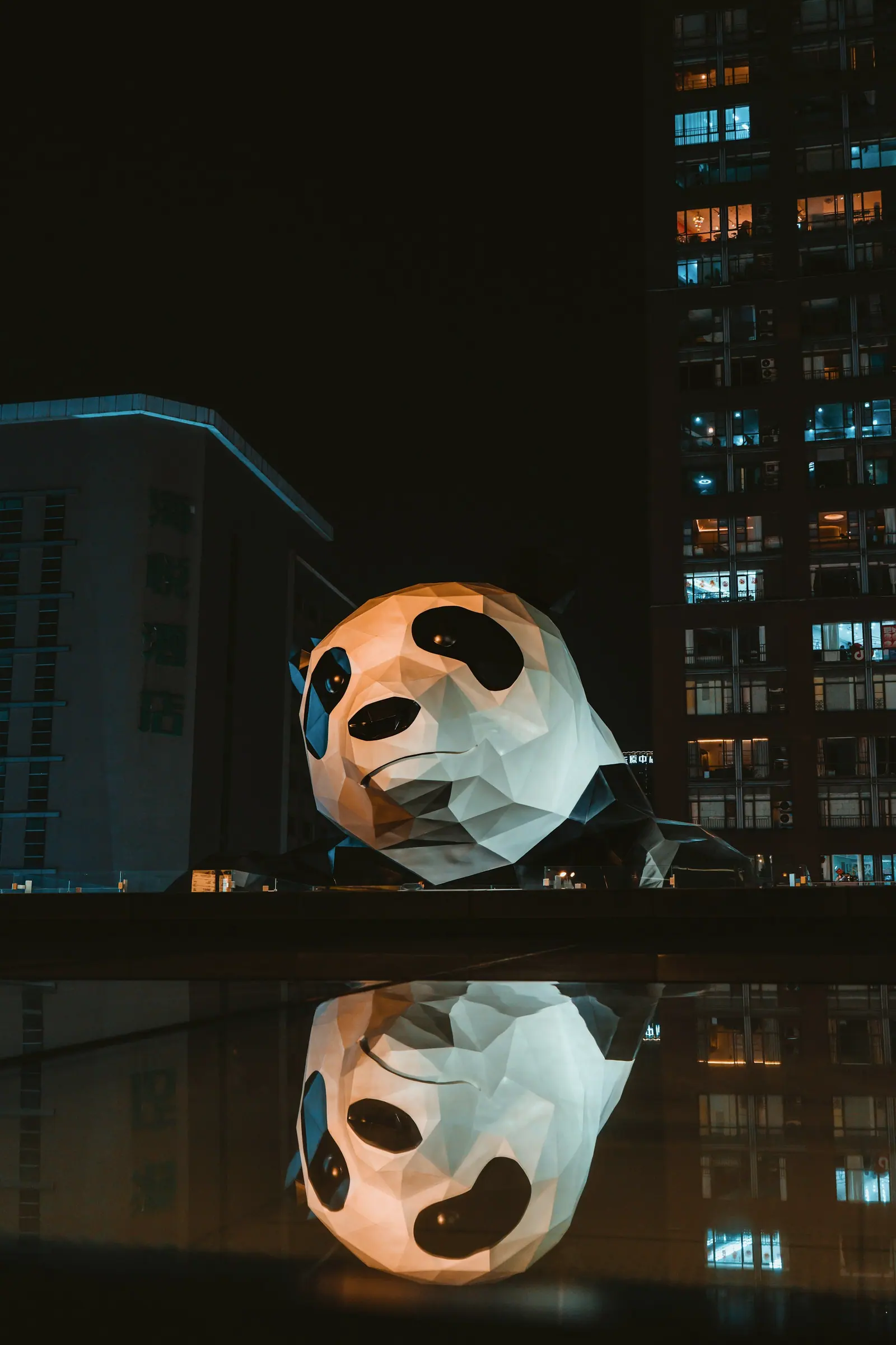 A giant panda-shaped sculpture at night, its reflection in the water